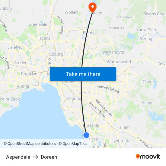 Aspendale to Doreen map