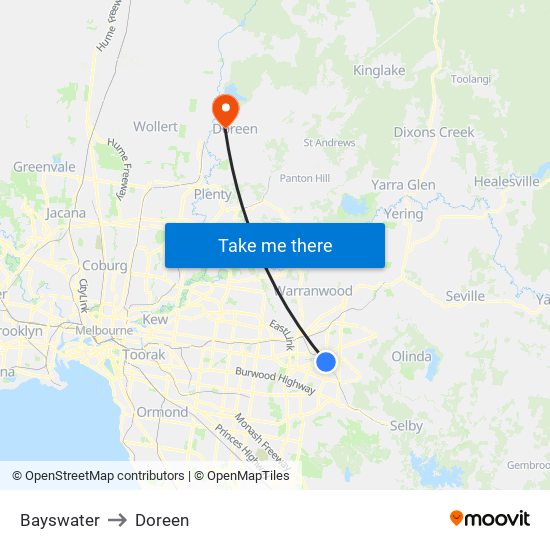 Bayswater to Doreen map