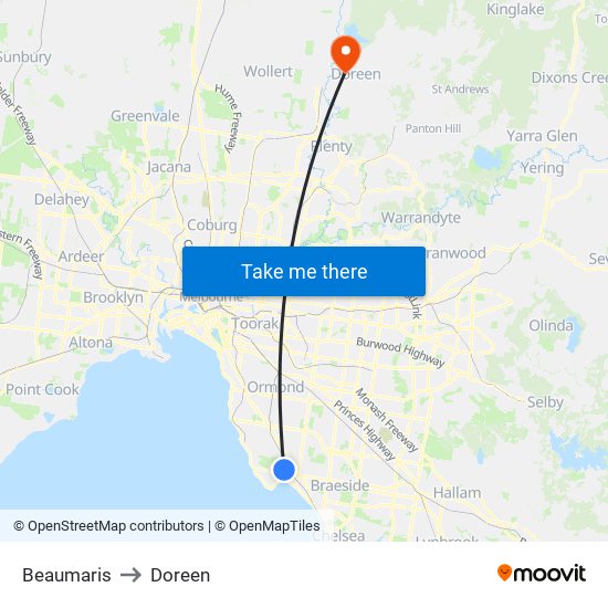 Beaumaris to Doreen map