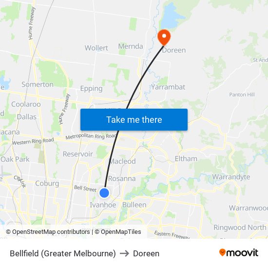 Bellfield (Greater Melbourne) to Doreen map