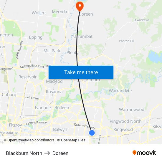 Blackburn North to Doreen map