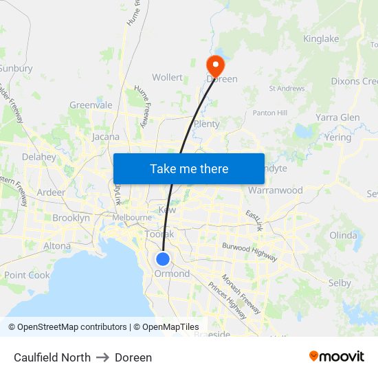 Caulfield North to Doreen map