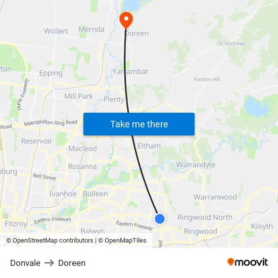 Donvale to Doreen map