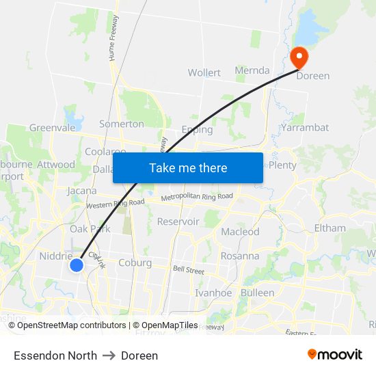 Essendon North to Doreen map