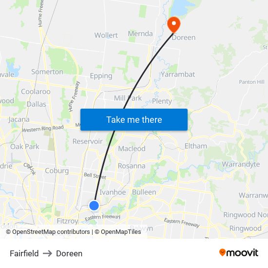 Fairfield to Doreen map