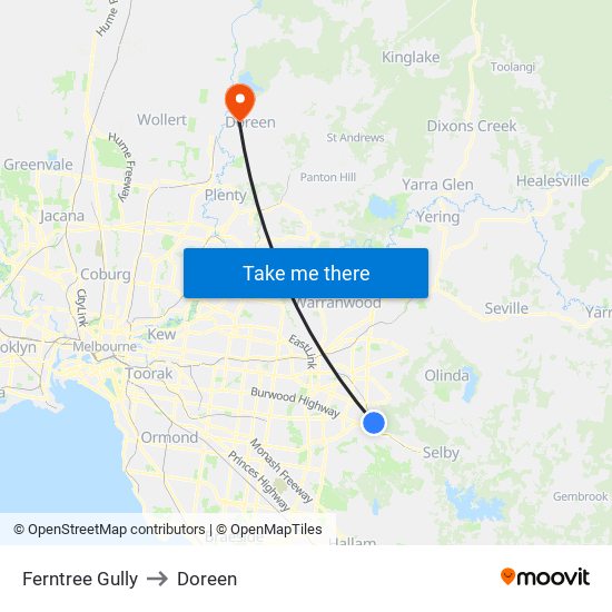 Ferntree Gully to Doreen map