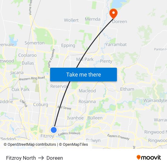 Fitzroy North to Doreen map