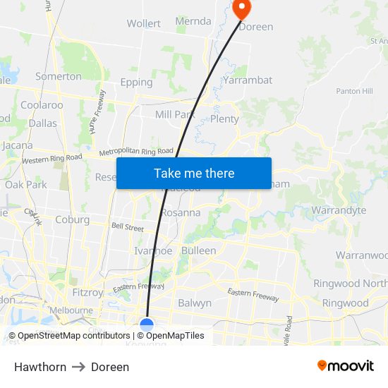 Hawthorn to Doreen map