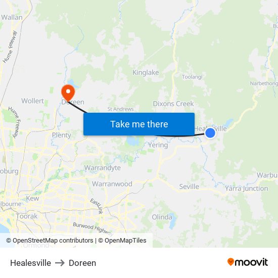 Healesville to Doreen map