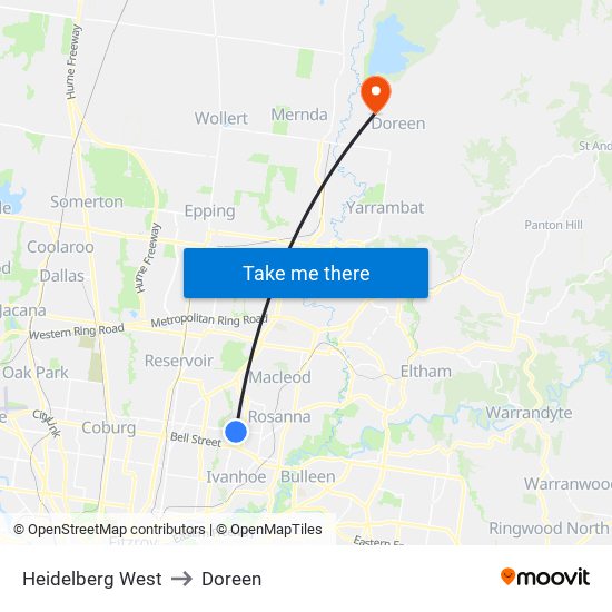 Heidelberg West to Doreen map