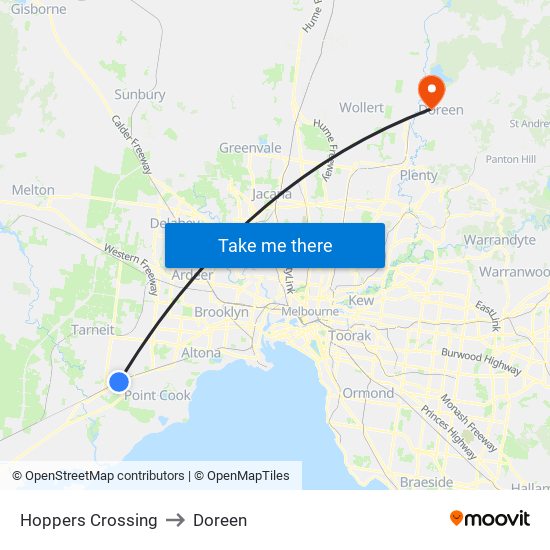 Hoppers Crossing to Doreen map