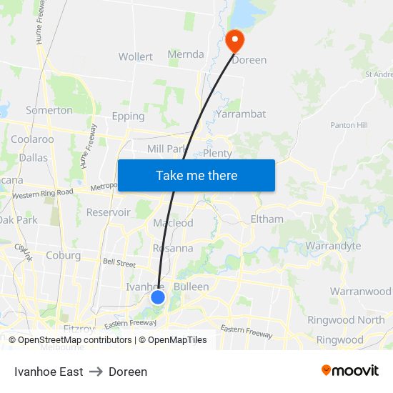 Ivanhoe East to Doreen map