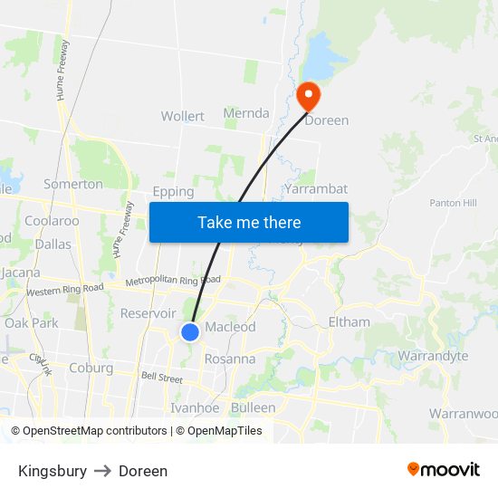 Kingsbury to Doreen map