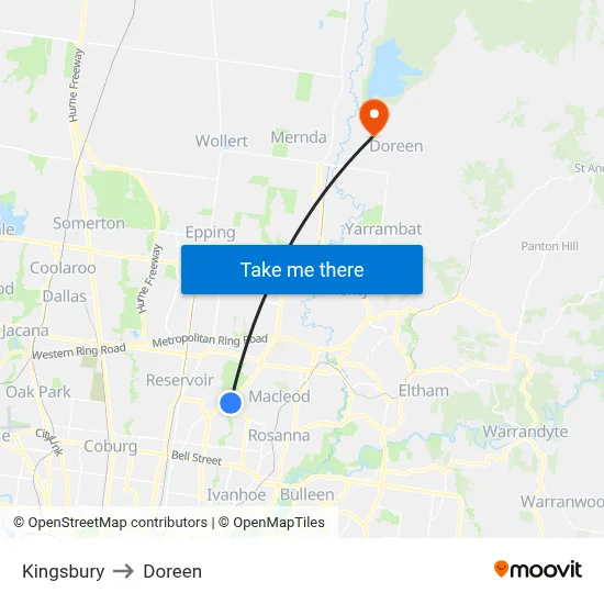 Kingsbury to Doreen map