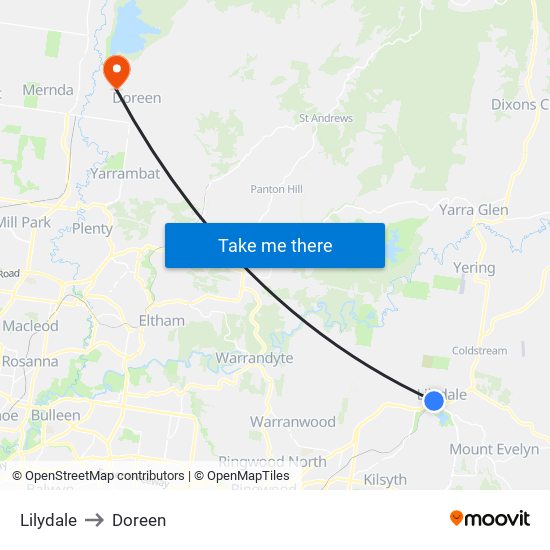 Lilydale to Doreen map