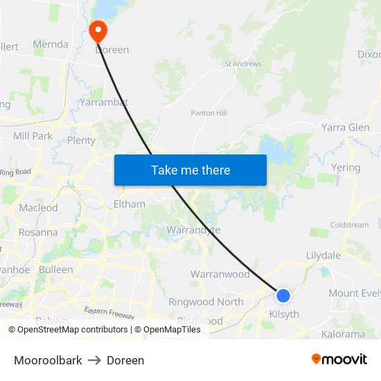 Mooroolbark to Doreen map