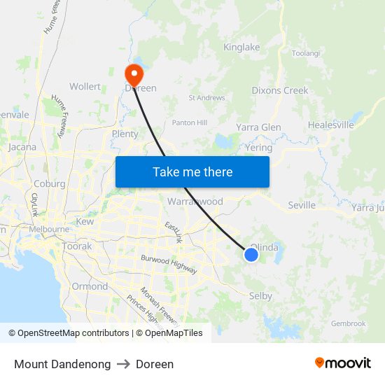 Mount Dandenong to Doreen map