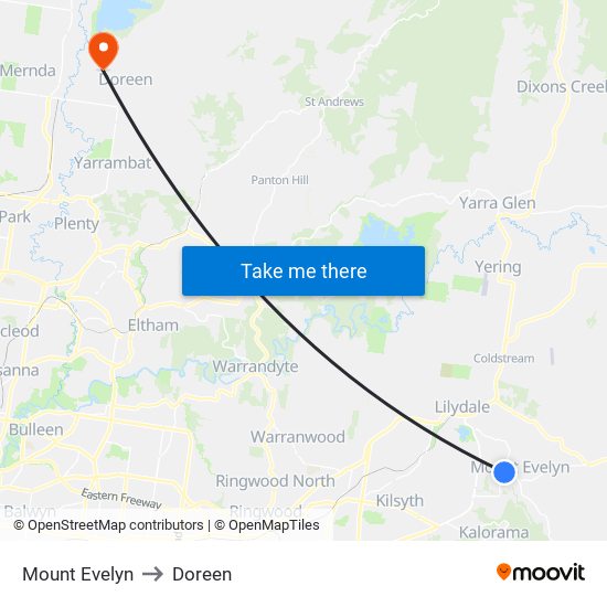 Mount Evelyn to Doreen map