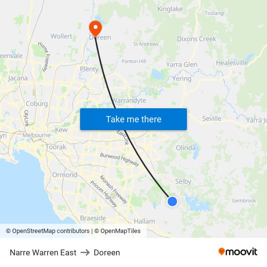 Narre Warren East to Doreen map