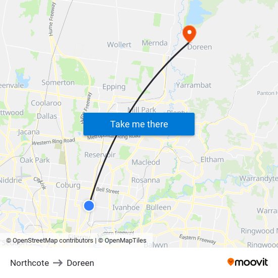 Northcote to Doreen map