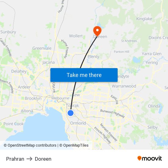 Prahran to Doreen map