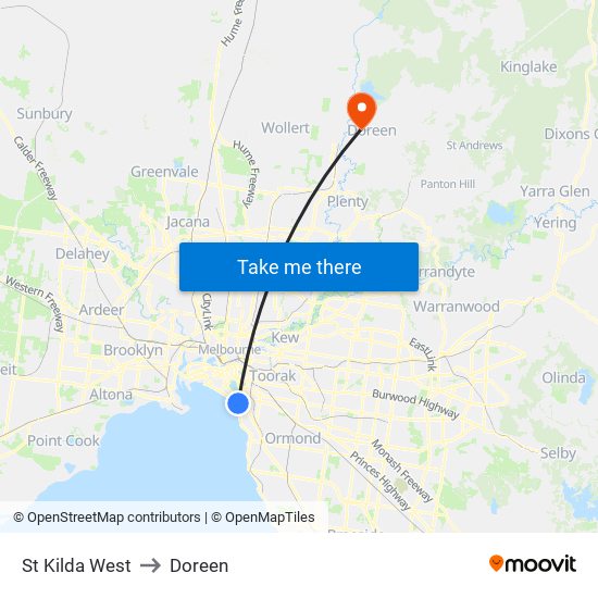 St Kilda West to Doreen map
