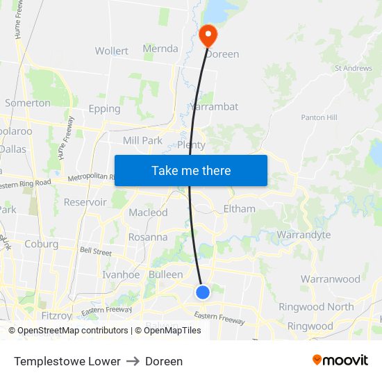 Templestowe Lower to Doreen map