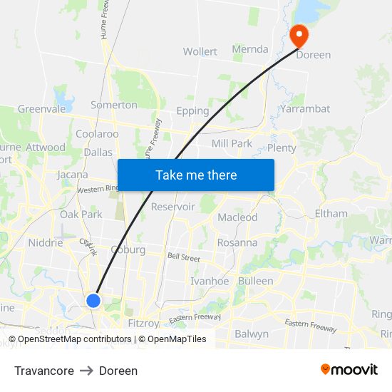 Travancore to Doreen map