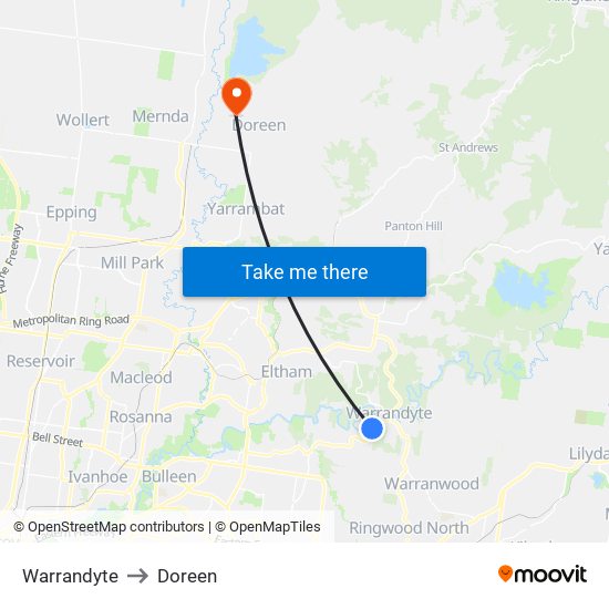 Warrandyte to Doreen map