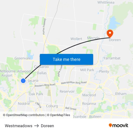 Westmeadows to Doreen map