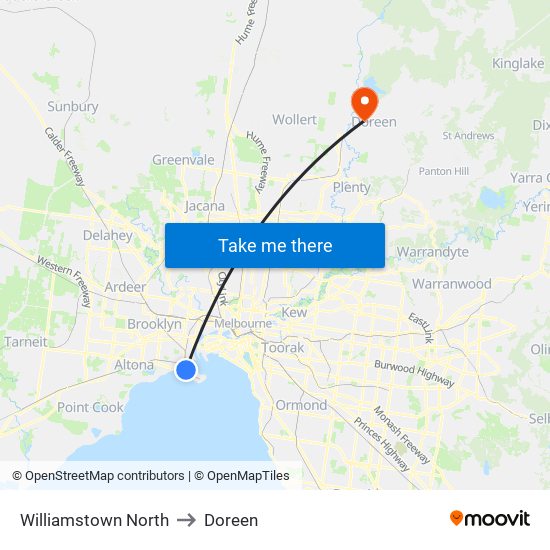 Williamstown North to Doreen map