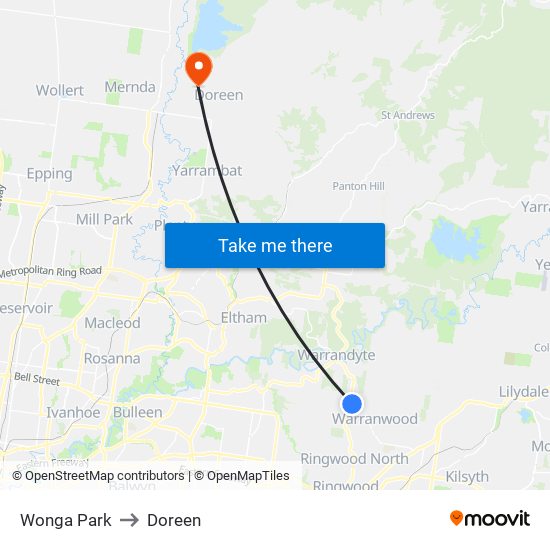 Wonga Park to Doreen map