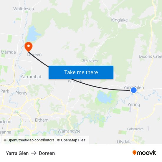 Yarra Glen to Doreen map