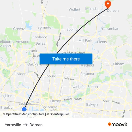 Yarraville to Doreen map