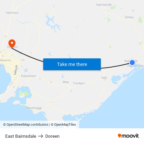 East Bairnsdale to Doreen map