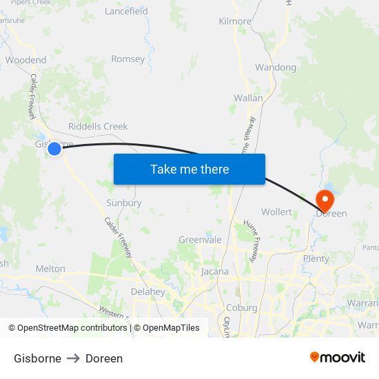 Gisborne to Doreen map
