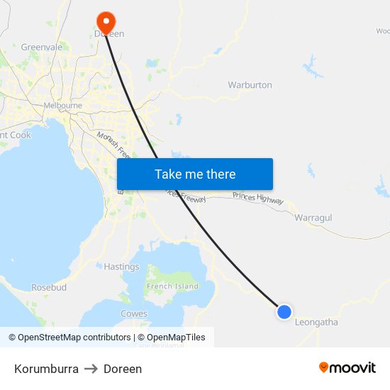 Korumburra to Doreen map