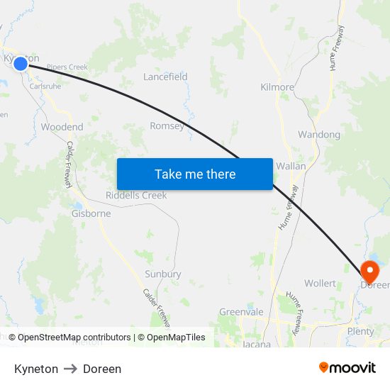 Kyneton to Doreen map