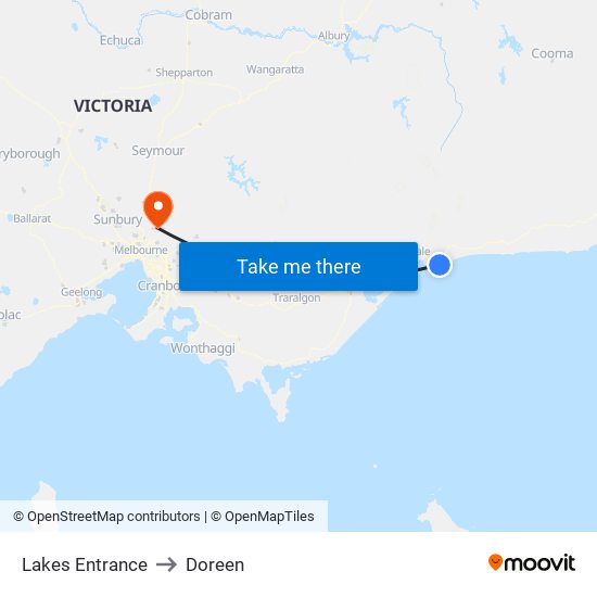 Lakes Entrance to Doreen map