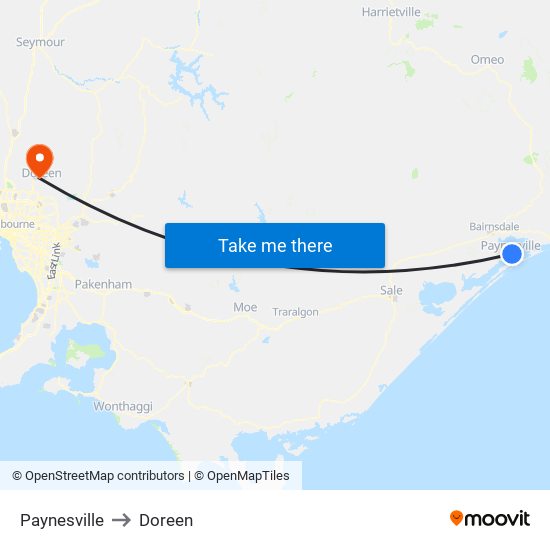 Paynesville to Doreen map