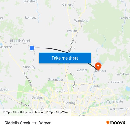 Riddells Creek to Doreen map