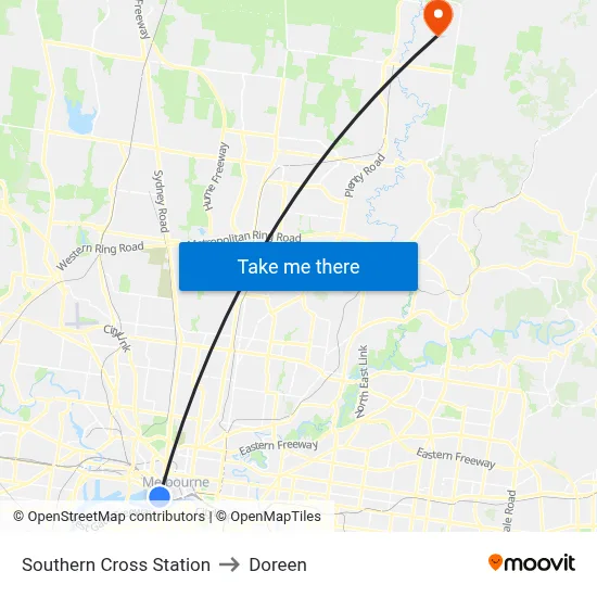 Southern Cross Station to Doreen map