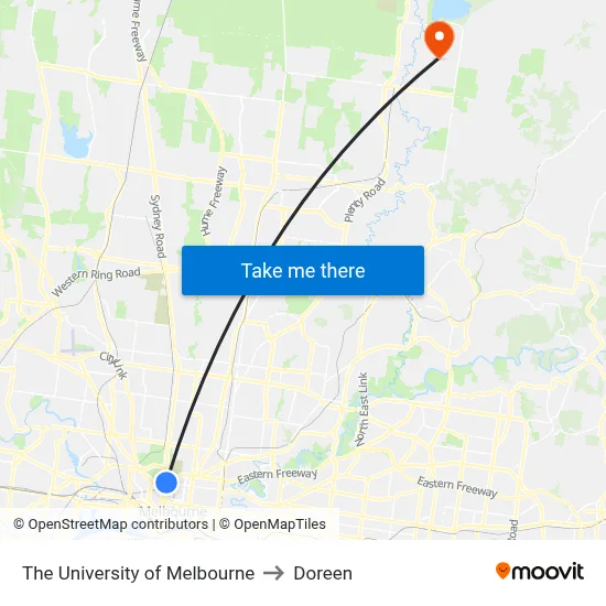 The University of Melbourne to Doreen map