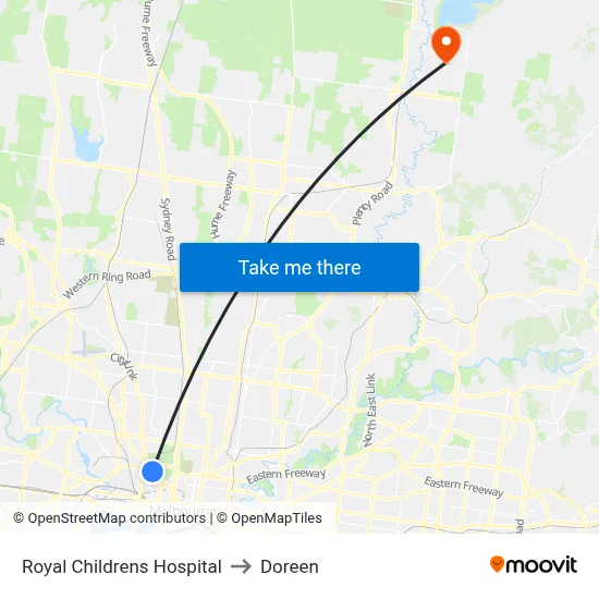 Royal Childrens Hospital to Doreen map