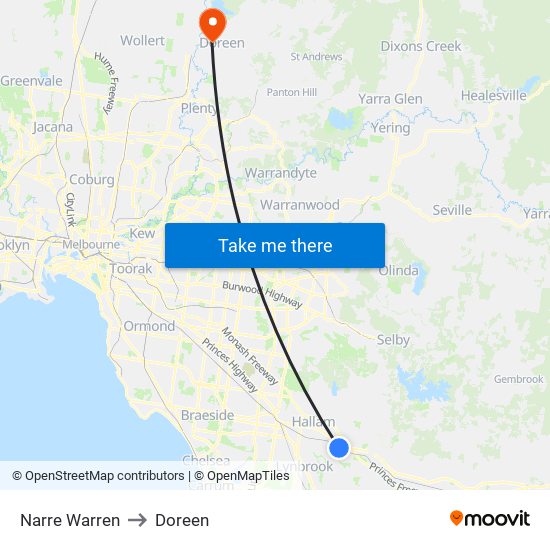 Narre Warren to Doreen map