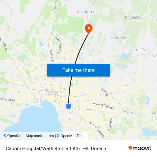 Cabrini Hospital/Wattletree Rd #47 to Doreen map