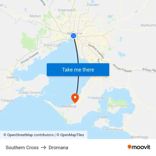Southern Cross to Dromana map