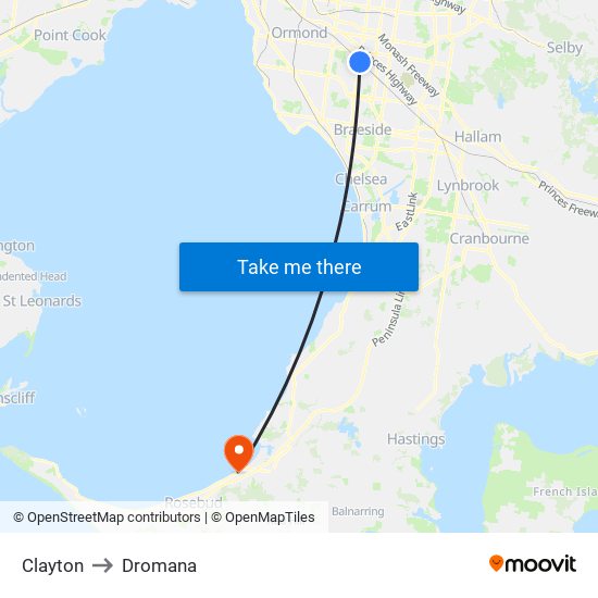 Clayton to Dromana map