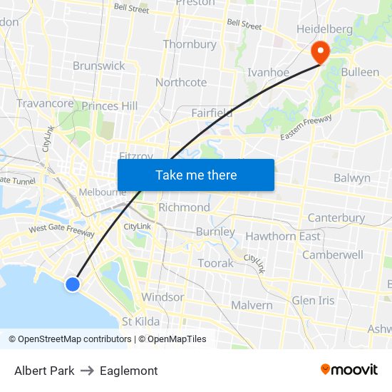 Albert Park to Eaglemont map