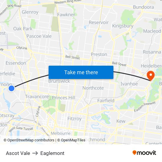 Ascot Vale to Eaglemont map